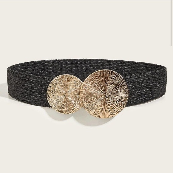 NEW Elastic Wide Corset Safe Waist Belt Gold Metallic Snap Buckle Black Cinched - Picture 9 of 9